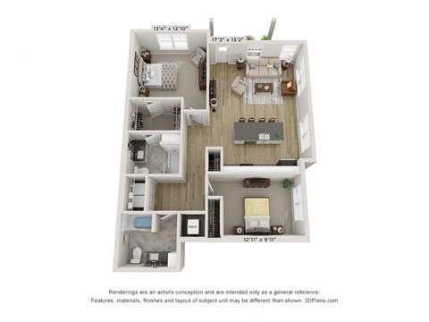 Floor plan for 2 beds, 2 baths, 1171 sqft